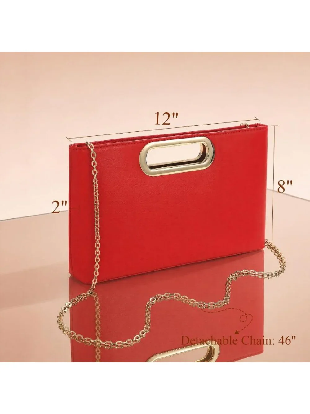 Women's Red Clutch Handbag Modern Faux Leather with Metal Handle Evening Bag